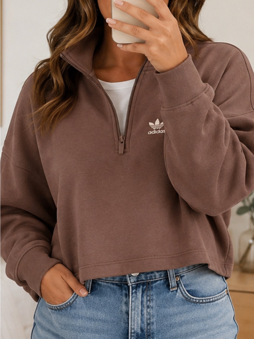 adidas New Cropped Mauve Quarter-Zip oversized sweatshirt